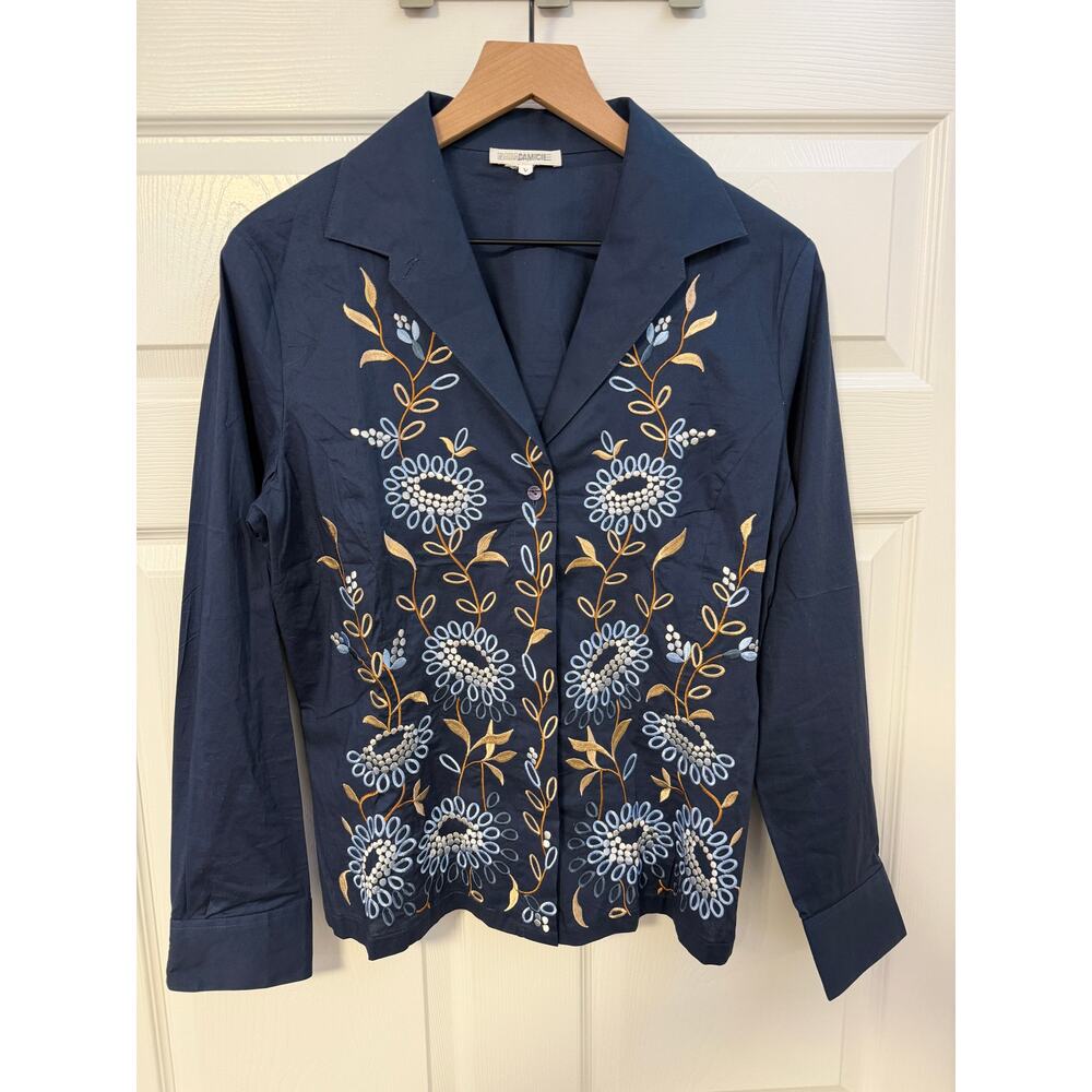 Nara Camicie Navy Blue Italian Embroidered V Neck Button Down Size V/Medium